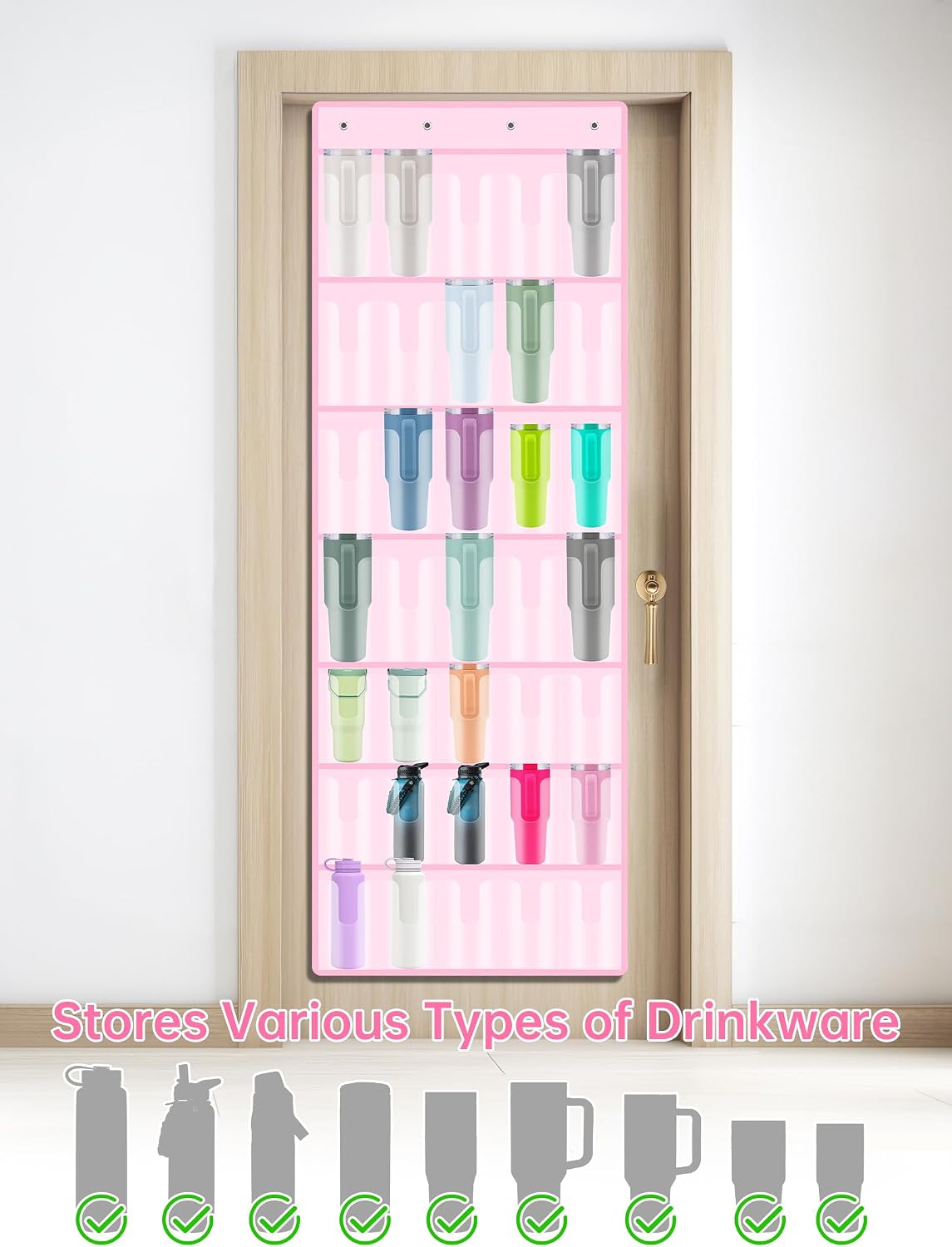 35 Pockets Door Hanging Cup Organizer Fit for Stanley Tumbler, Black | Large Capacity Over the Door Water Bottle Organizer in Kitchen, Pantry, Classroom, Elastic Mesh Secure Storage Cup Holder