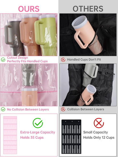 35 Pockets Door Hanging Cup Organizer Fit for Stanley Tumbler, Black | Large Capacity Over the Door Water Bottle Organizer in Kitchen, Pantry, Classroom, Elastic Mesh Secure Storage Cup Holder