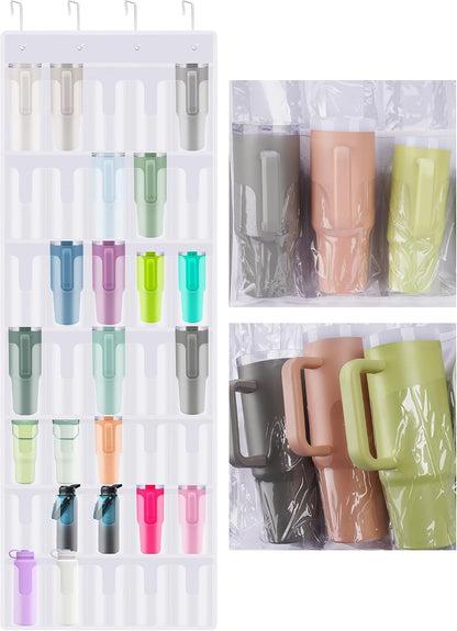 35 Pockets Door Hanging Cup Organizer Fit for Stanley Tumbler, Black | Large Capacity Over the Door Water Bottle Organizer in Kitchen, Pantry, Classroom, Elastic Mesh Secure Storage Cup Holder
