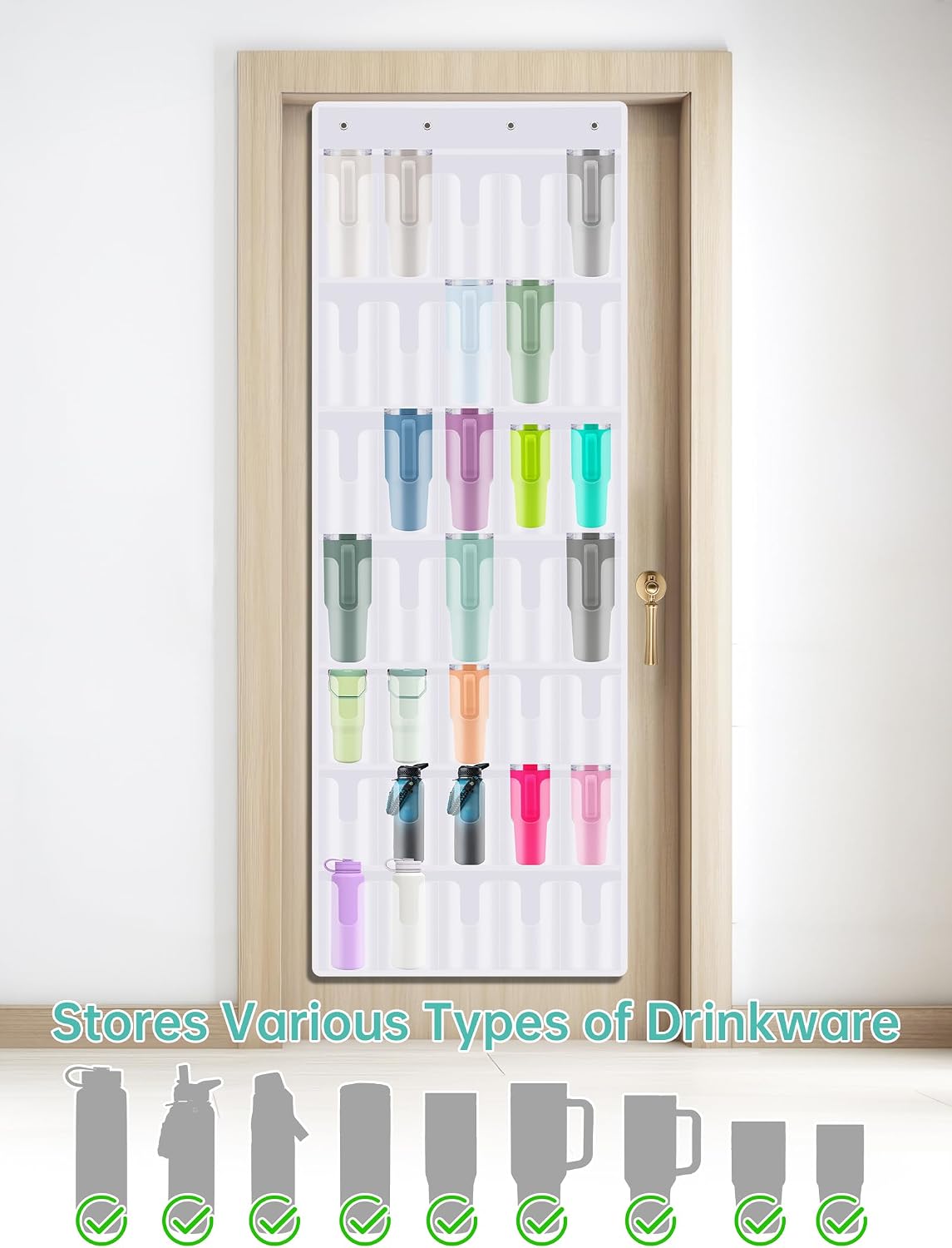 35 Pockets Door Hanging Cup Organizer Fit for Stanley Tumbler, Black | Large Capacity Over the Door Water Bottle Organizer in Kitchen, Pantry, Classroom, Elastic Mesh Secure Storage Cup Holder