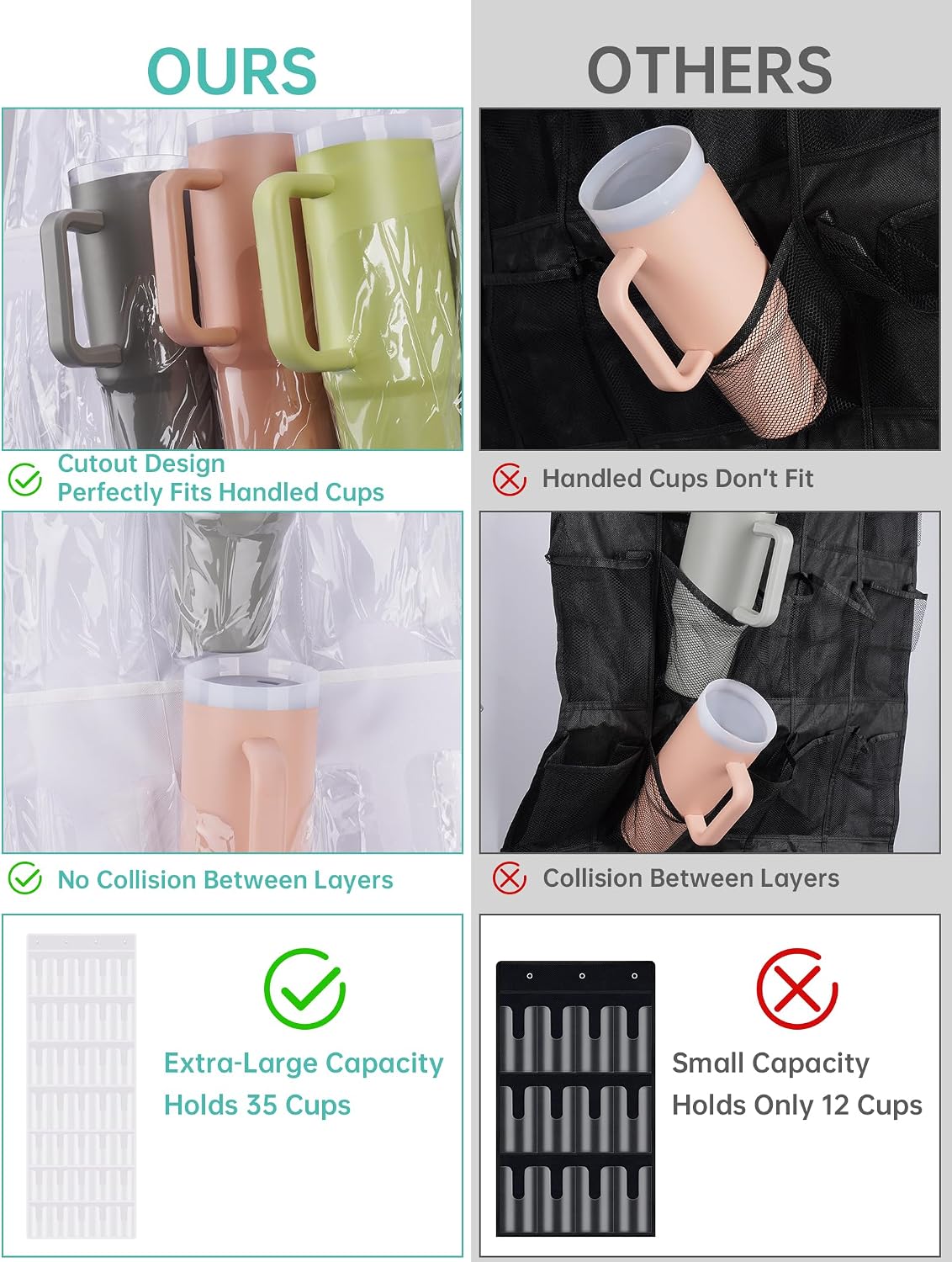 35 Pockets Door Hanging Cup Organizer Fit for Stanley Tumbler, Black | Large Capacity Over the Door Water Bottle Organizer in Kitchen, Pantry, Classroom, Elastic Mesh Secure Storage Cup Holder