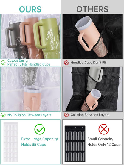 35 Pockets Door Hanging Cup Organizer Fit for Stanley Tumbler, Black | Large Capacity Over the Door Water Bottle Organizer in Kitchen, Pantry, Classroom, Elastic Mesh Secure Storage Cup Holder