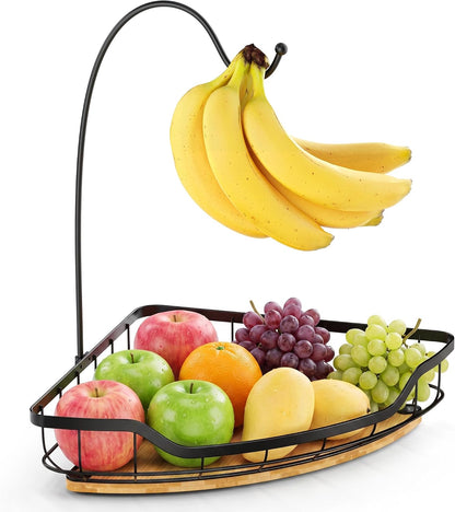 Corner Banana Holder - Large Fruit Basket with Banana Hook for Kitchen Counter - Metal Banana Hanger with Bamboo Base - Kitchen Vegetable and Fruit Storage (Black)