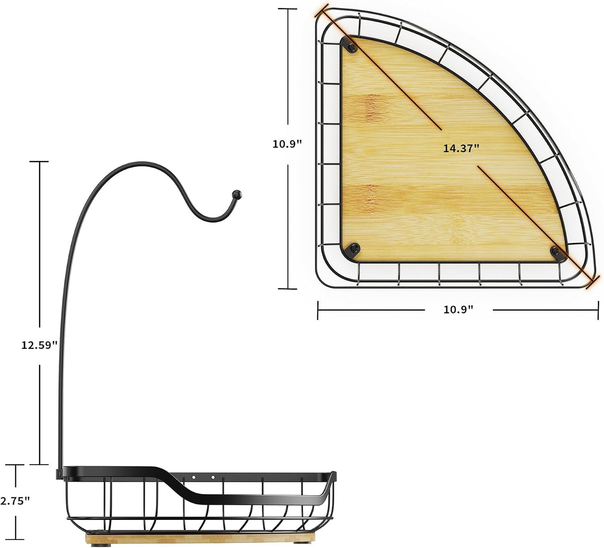 Corner Banana Holder - Large Fruit Basket with Banana Hook for Kitchen Counter - Metal Banana Hanger with Bamboo Base - Kitchen Vegetable and Fruit Storage (Black)