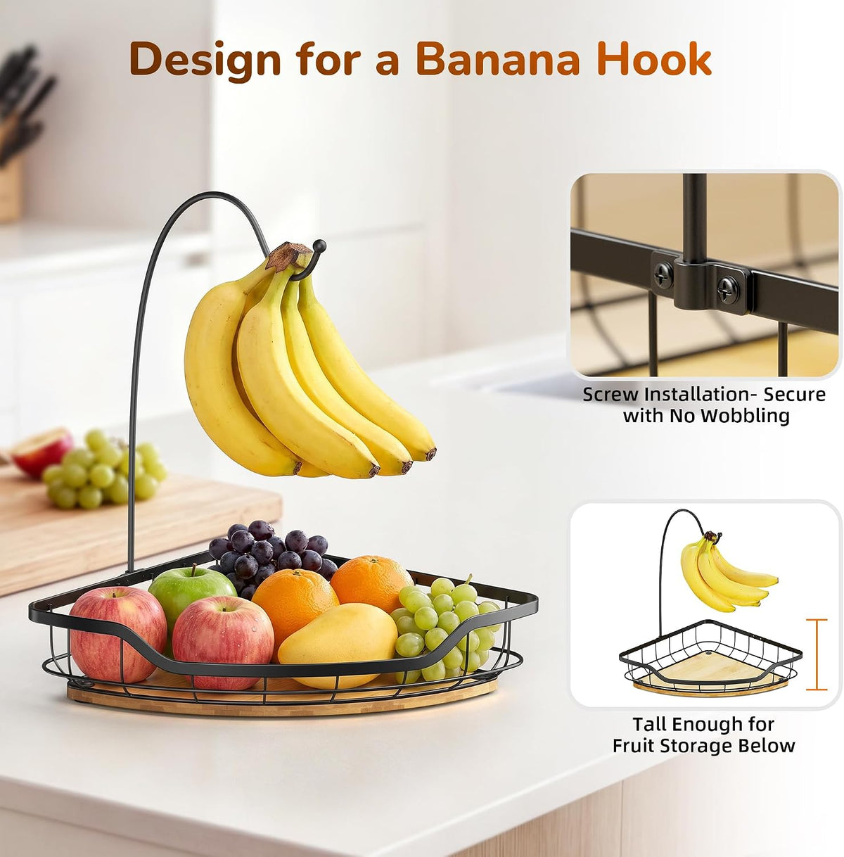 Corner Banana Holder - Large Fruit Basket with Banana Hook for Kitchen Counter - Metal Banana Hanger with Bamboo Base - Kitchen Vegetable and Fruit Storage (Black)