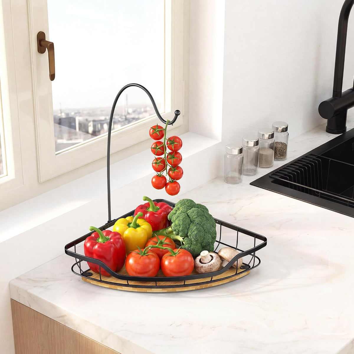Corner Banana Holder - Large Fruit Basket with Banana Hook for Kitchen Counter - Metal Banana Hanger with Bamboo Base - Kitchen Vegetable and Fruit Storage (Black)