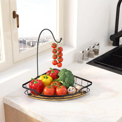 Corner Banana Holder - Large Fruit Basket with Banana Hook for Kitchen Counter - Metal Banana Hanger with Bamboo Base - Kitchen Vegetable and Fruit Storage (Black)