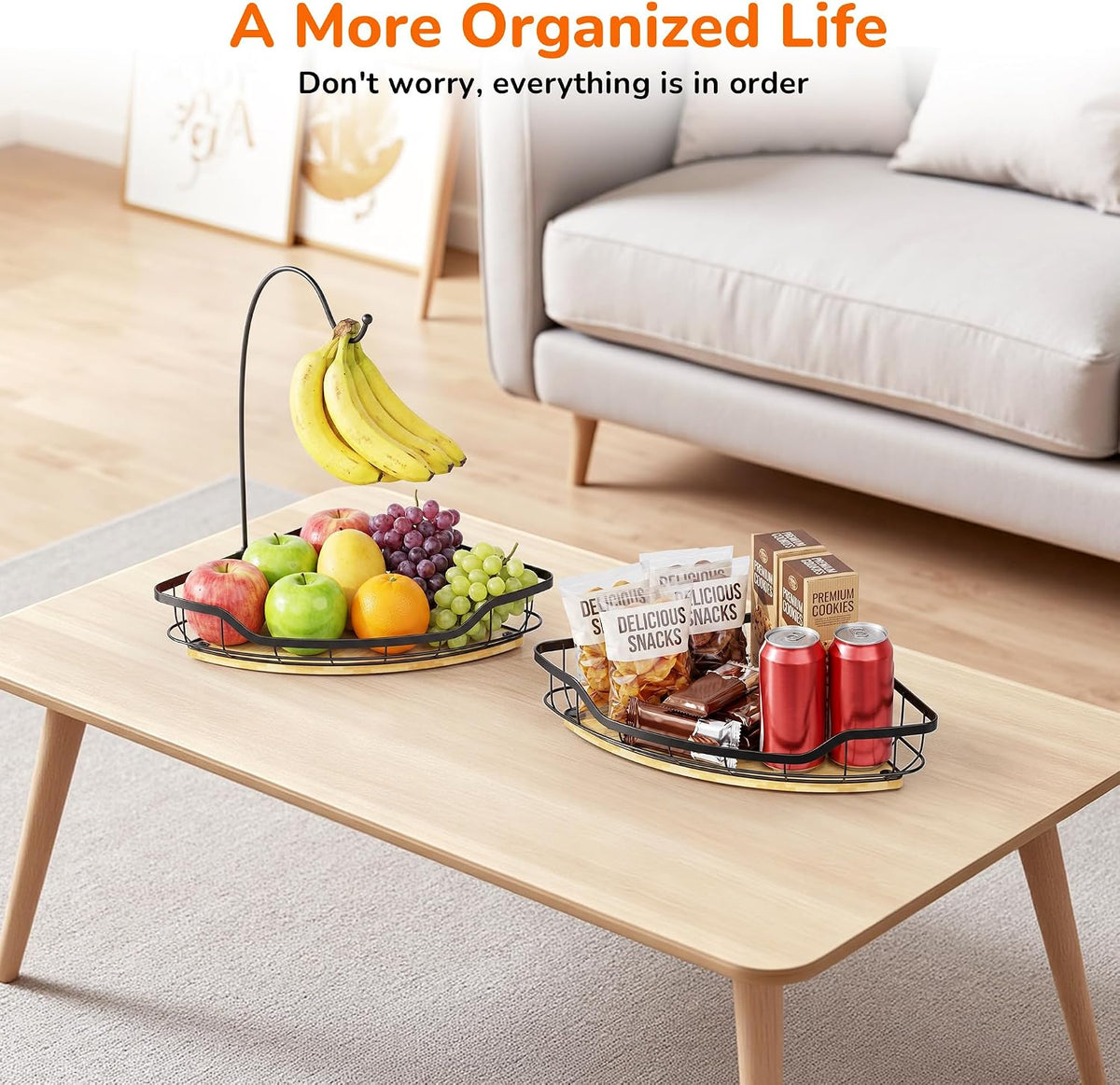 Corner Banana Holder - Large Fruit Basket with Banana Hook for Kitchen Counter - Metal Banana Hanger with Bamboo Base - Kitchen Vegetable and Fruit Storage (Black)