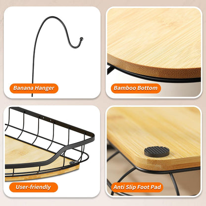 Corner Banana Holder - Large Fruit Basket with Banana Hook for Kitchen Counter - Metal Banana Hanger with Bamboo Base - Kitchen Vegetable and Fruit Storage (Black)