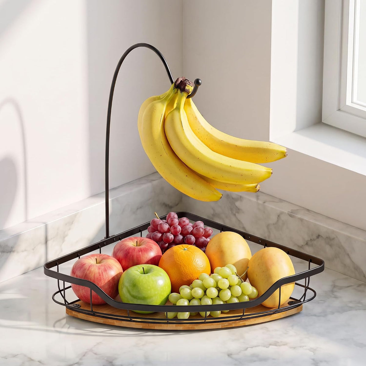 Corner Banana Holder - Large Fruit Basket with Banana Hook for Kitchen Counter - Metal Banana Hanger with Bamboo Base - Kitchen Vegetable and Fruit Storage (Black)