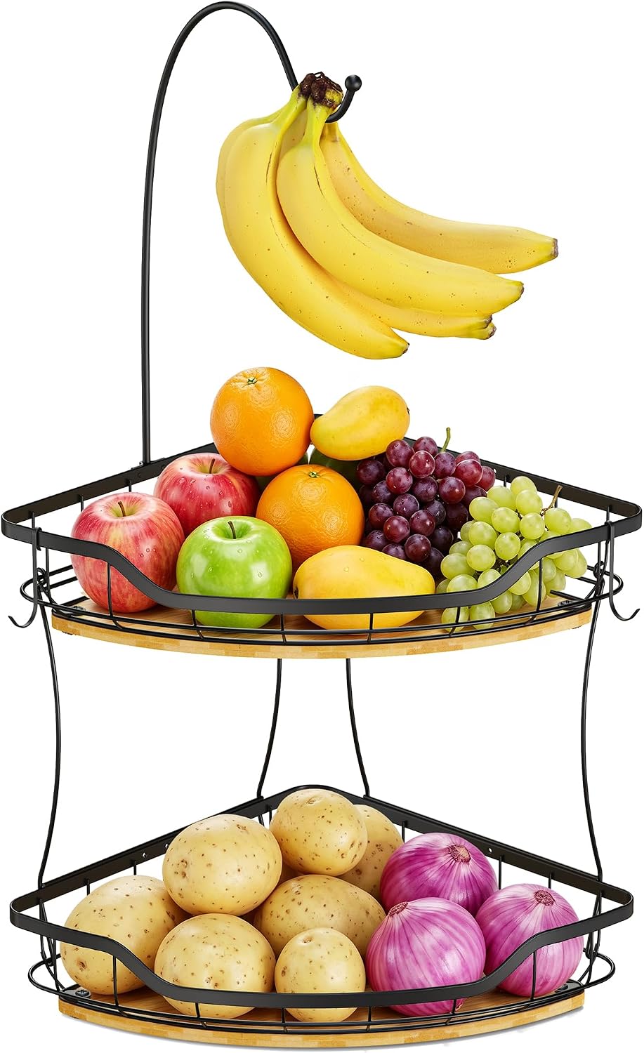 Corner Banana Holder - Large Fruit Basket with Banana Hook for Kitchen Counter - Metal Banana Hanger with Bamboo Base - Kitchen Vegetable and Fruit Storage (Black)