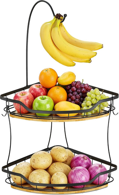 Corner Banana Holder - Large Fruit Basket with Banana Hook for Kitchen Counter - Metal Banana Hanger with Bamboo Base - Kitchen Vegetable and Fruit Storage (Black)