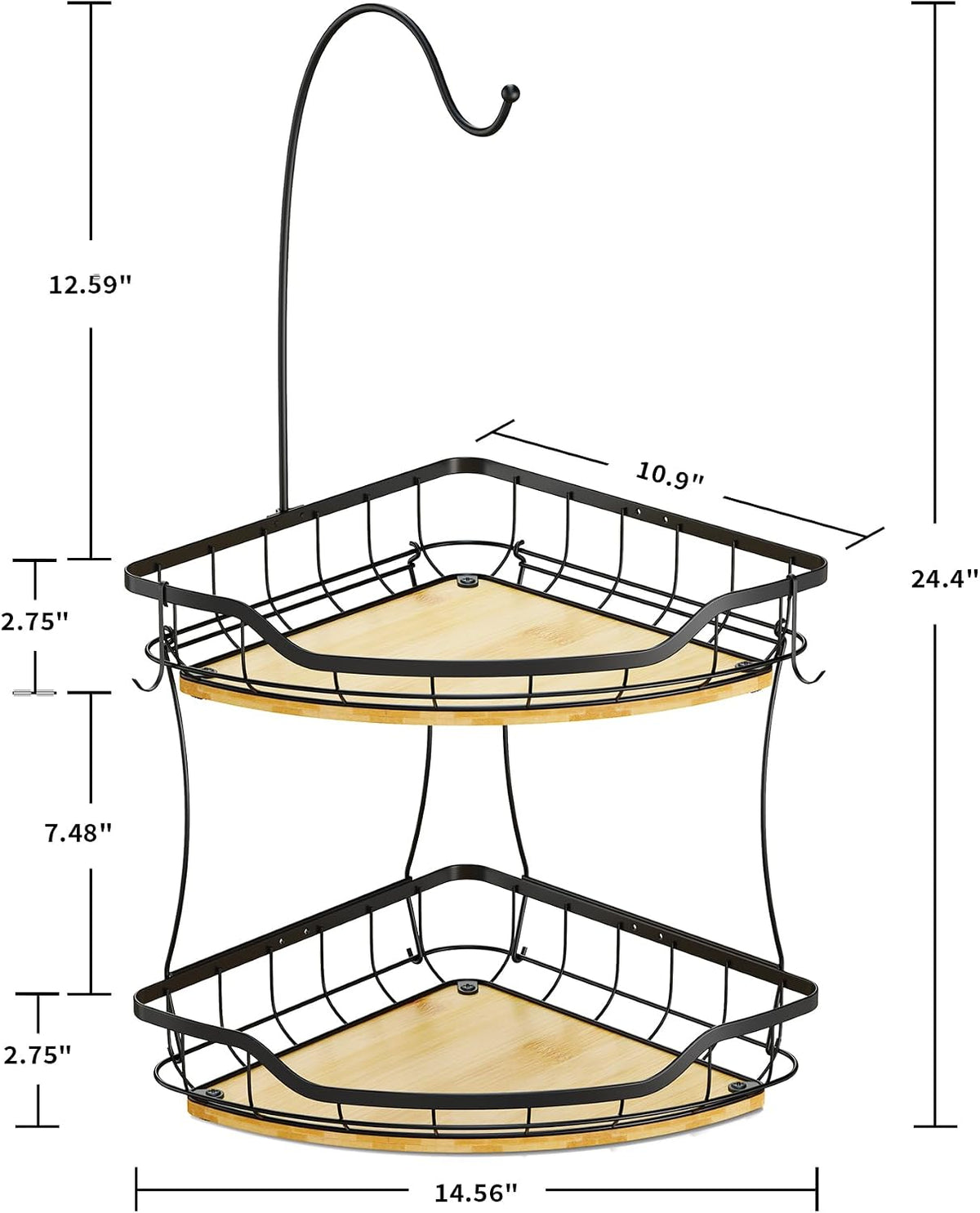 Corner Banana Holder - Large Fruit Basket with Banana Hook for Kitchen Counter - Metal Banana Hanger with Bamboo Base - Kitchen Vegetable and Fruit Storage (Black)