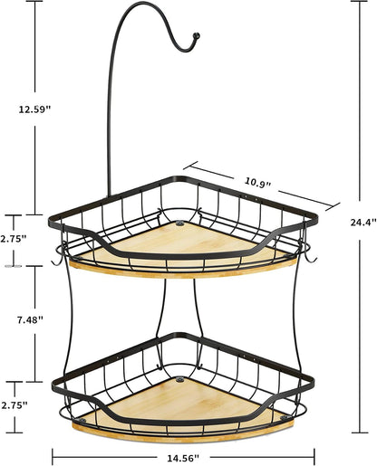 Corner Banana Holder - Large Fruit Basket with Banana Hook for Kitchen Counter - Metal Banana Hanger with Bamboo Base - Kitchen Vegetable and Fruit Storage (Black)