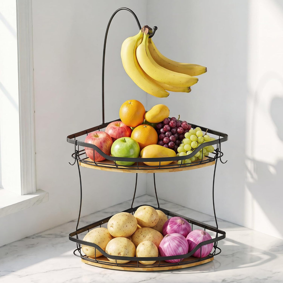 Corner Banana Holder - Large Fruit Basket with Banana Hook for Kitchen Counter - Metal Banana Hanger with Bamboo Base - Kitchen Vegetable and Fruit Storage (Black)