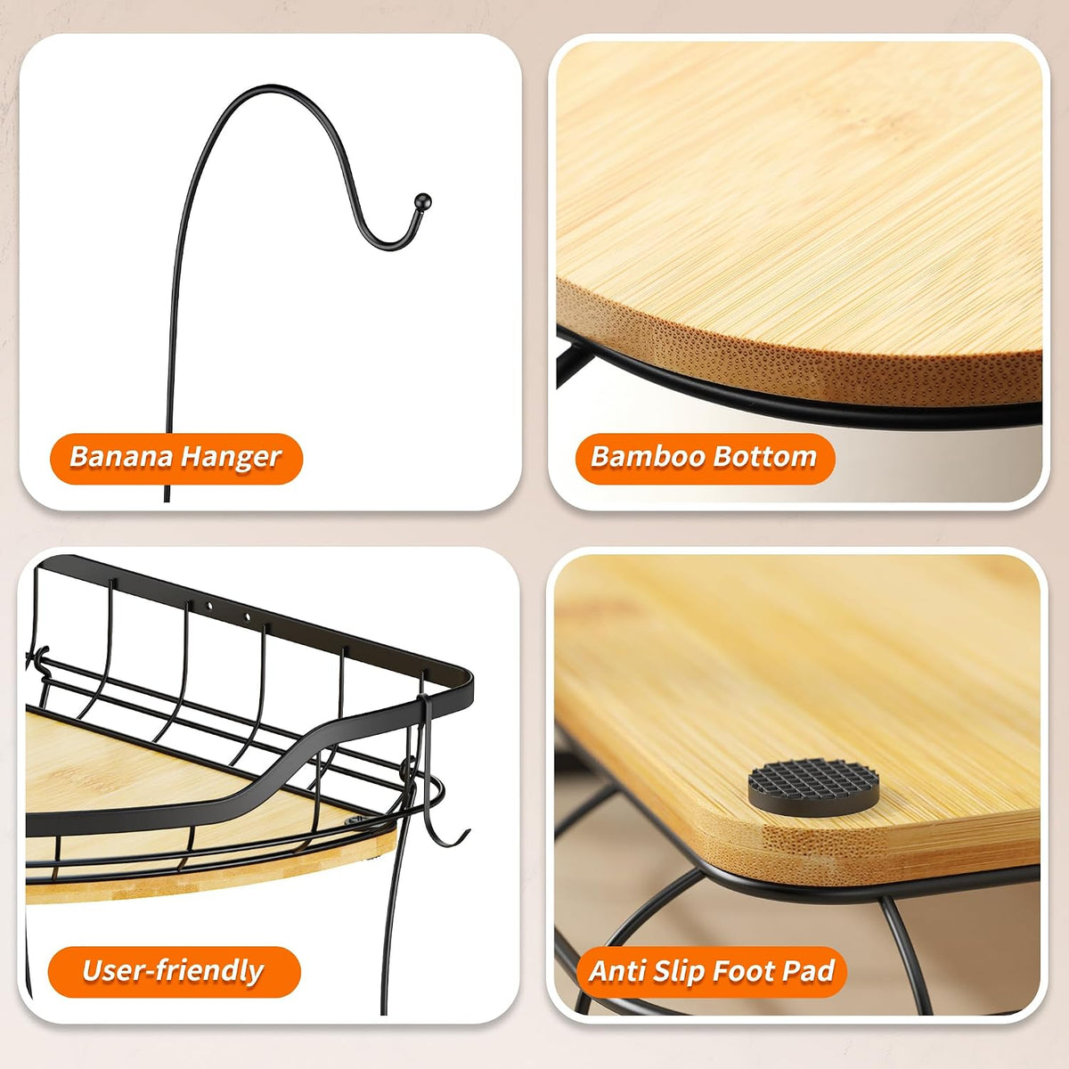 Corner Banana Holder - Large Fruit Basket with Banana Hook for Kitchen Counter - Metal Banana Hanger with Bamboo Base - Kitchen Vegetable and Fruit Storage (Black)