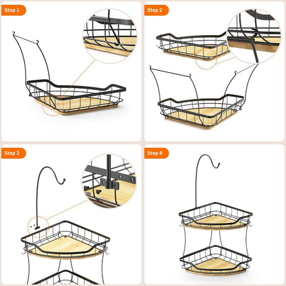 Corner Banana Holder - Large Fruit Basket with Banana Hook for Kitchen Counter - Metal Banana Hanger with Bamboo Base - Kitchen Vegetable and Fruit Storage (Black)