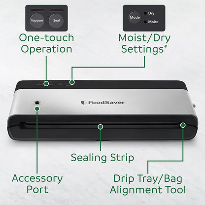 PowerVac Compact Vacuum Sealing Machine Stainless Steel & Black Vertical Storage VS0150 | Preserves freshness reduces bag waste for both dry and wet food