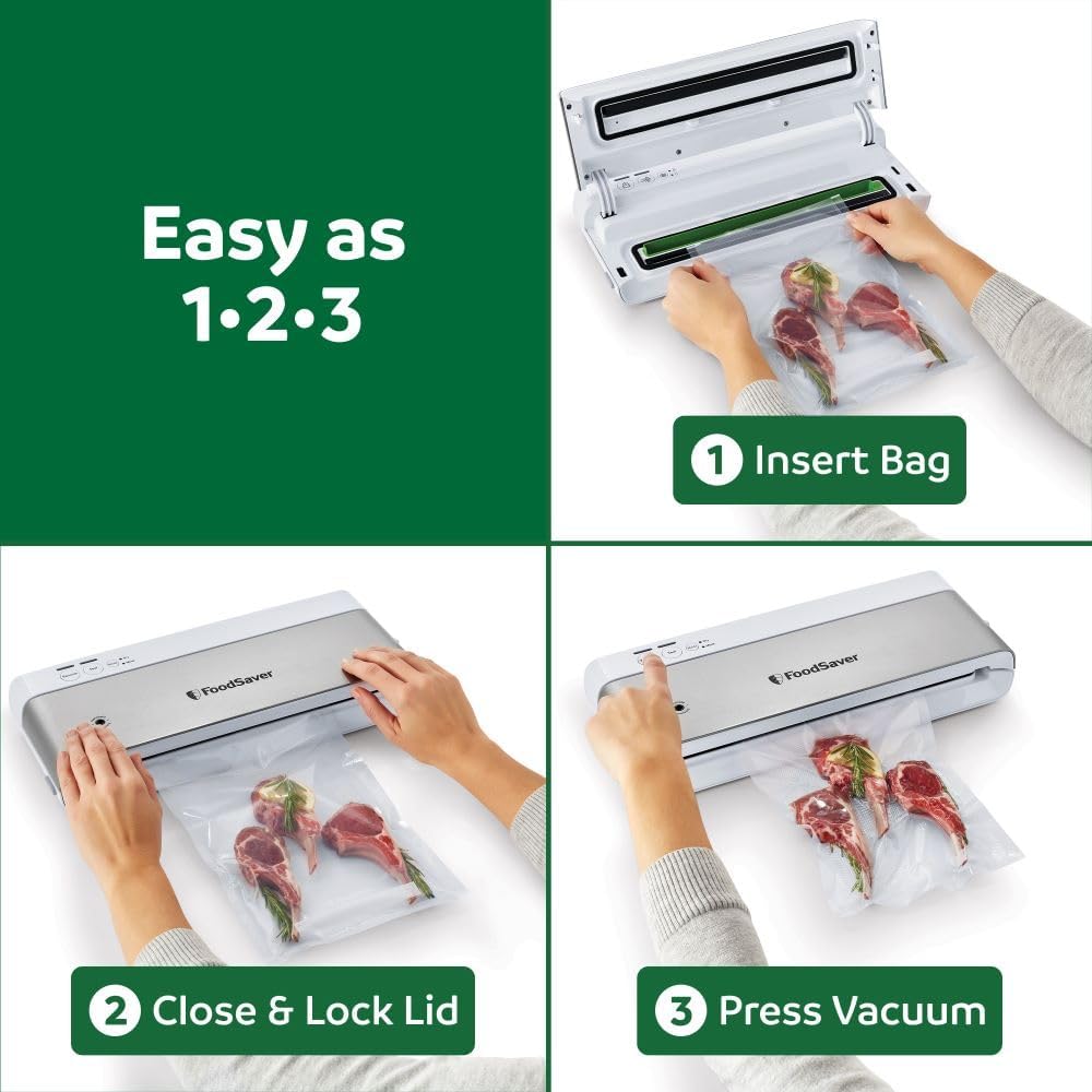 PowerVac Compact Vacuum Sealing Machine Stainless Steel & Black Vertical Storage VS0150 | Preserves freshness reduces bag waste for both dry and wet food