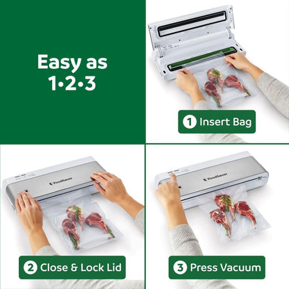 PowerVac Compact Vacuum Sealing Machine Stainless Steel & Black Vertical Storage VS0150 | Preserves freshness reduces bag waste for both dry and wet food