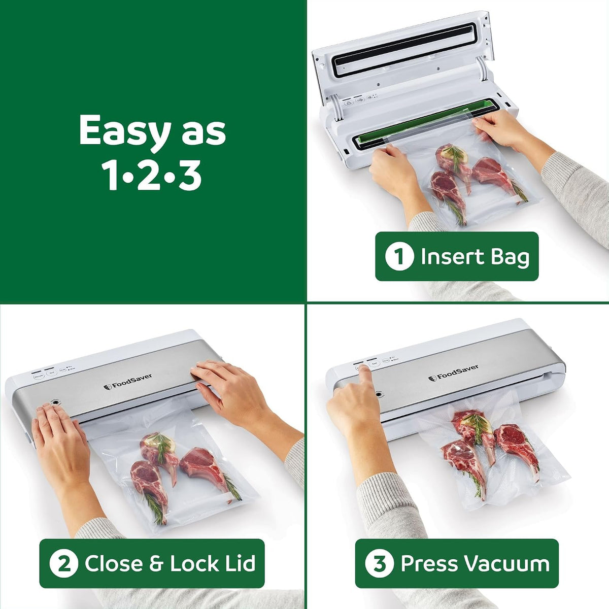 PowerVac Compact Vacuum Sealing Machine Stainless Steel & Black Vertical Storage VS0150 | Preserves freshness reduces bag waste for both dry and wet food