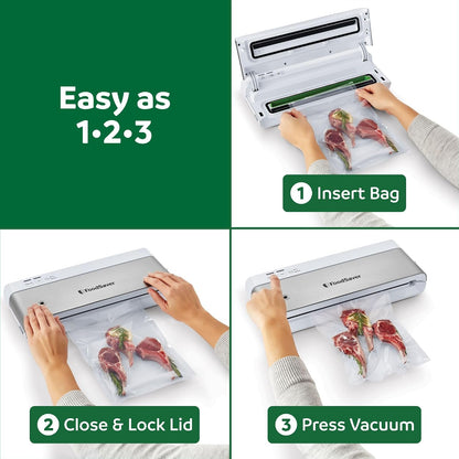 PowerVac Compact Vacuum Sealing Machine Stainless Steel & Black Vertical Storage VS0150 | Preserves freshness reduces bag waste for both dry and wet food