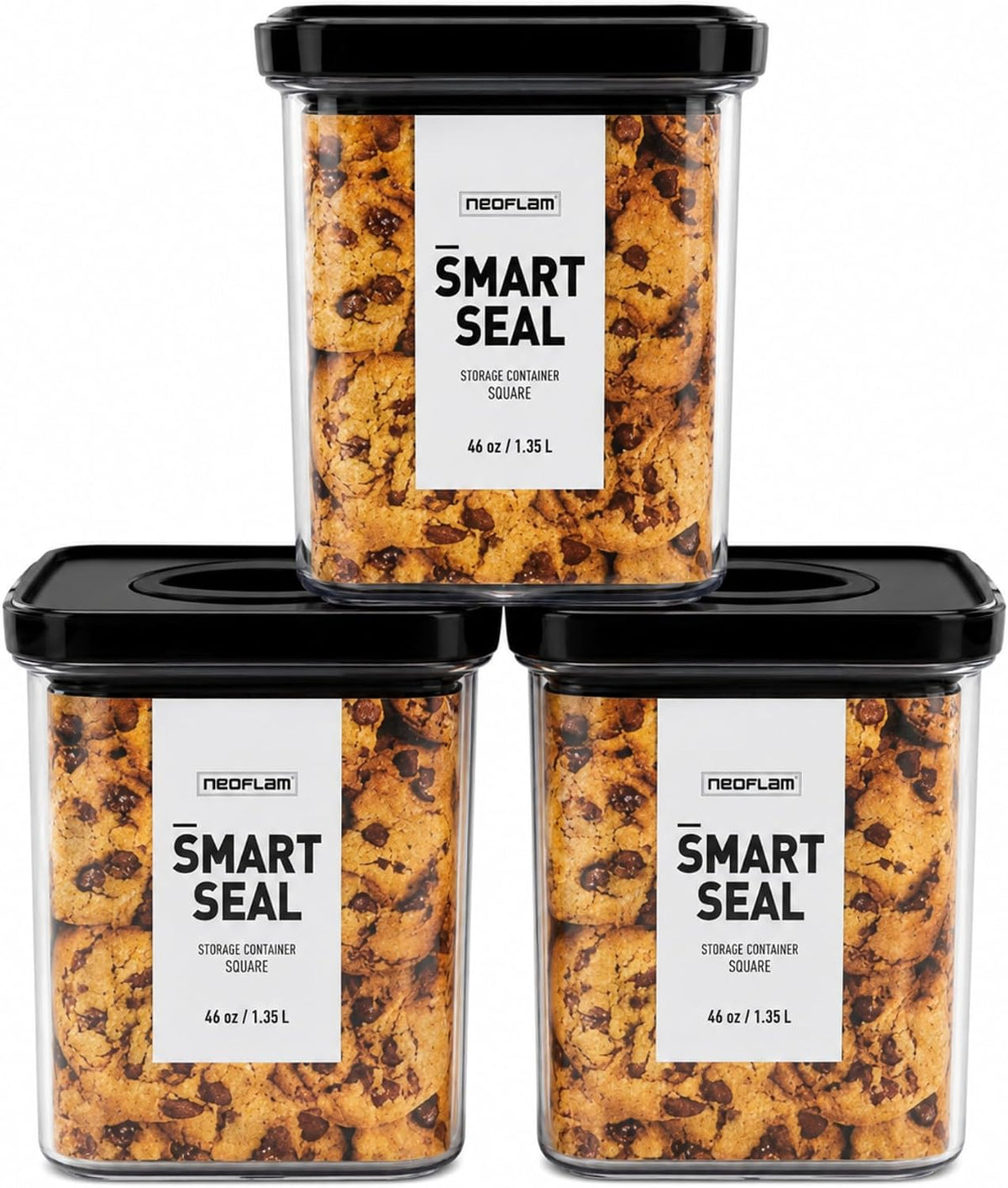 Smart Seal Airtight Food Storage Containers Set of 3, 1.35L Pantry Containers for Cereal, Flour, Rice & Dry Food, Stackable BPA-Free Clear Canisters with Twist Lock Lids, Black, 46 oz