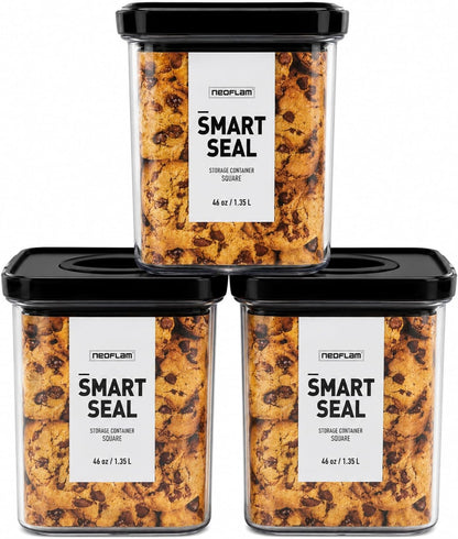 Smart Seal Airtight Food Storage Containers Set of 3, 1.35L Pantry Containers for Cereal, Flour, Rice & Dry Food, Stackable BPA-Free Clear Canisters with Twist Lock Lids, Black, 46 oz
