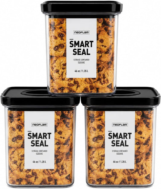 Smart Seal Airtight Food Storage Containers Set of 3, 1.35L Pantry Containers for Cereal, Flour, Rice & Dry Food, Stackable BPA-Free Clear Canisters with Twist Lock Lids, Black, 46 oz