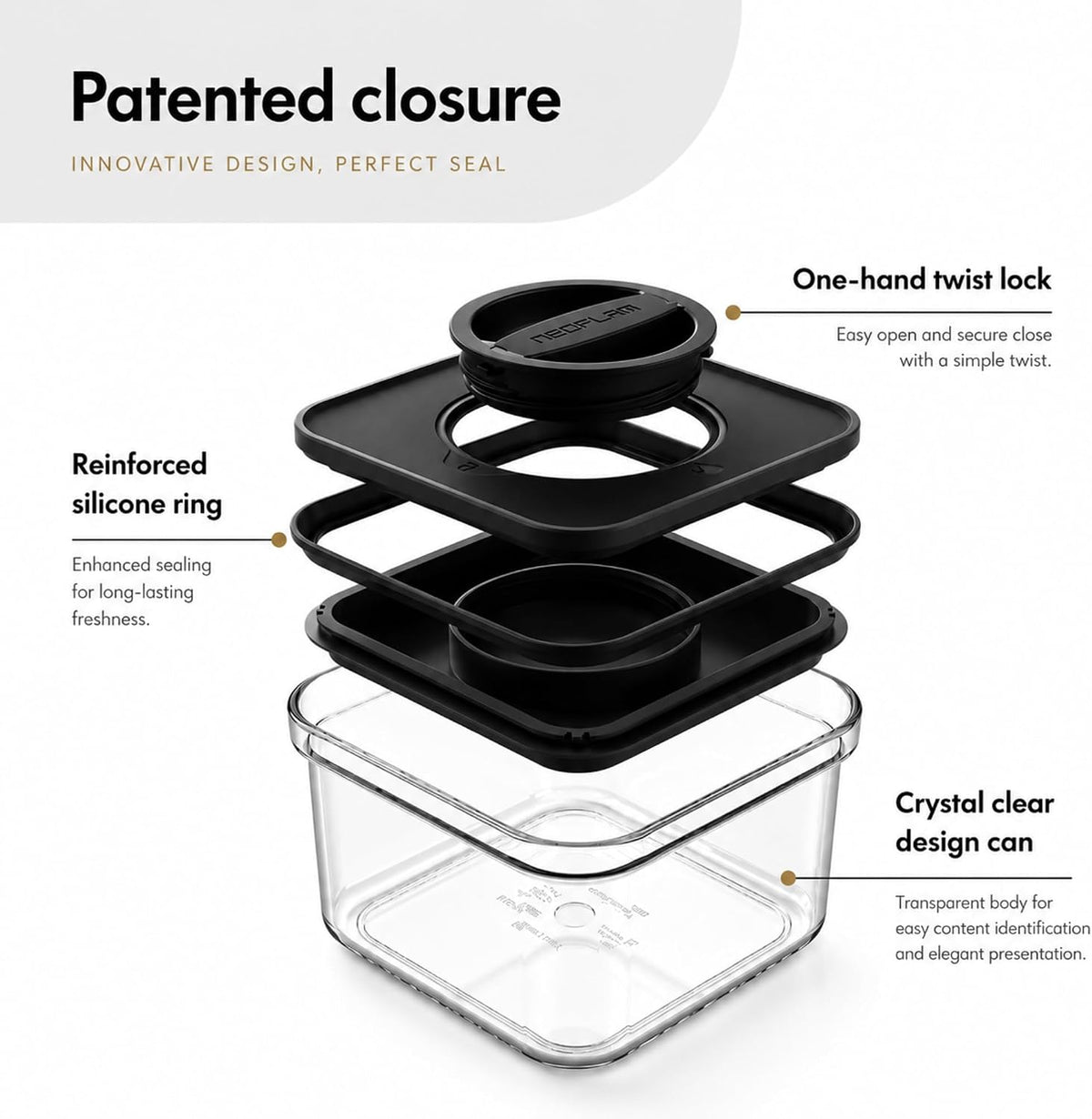 Smart Seal Airtight Food Storage Containers Set of 3, 1.35L Pantry Containers for Cereal, Flour, Rice & Dry Food, Stackable BPA-Free Clear Canisters with Twist Lock Lids, Black, 46 oz