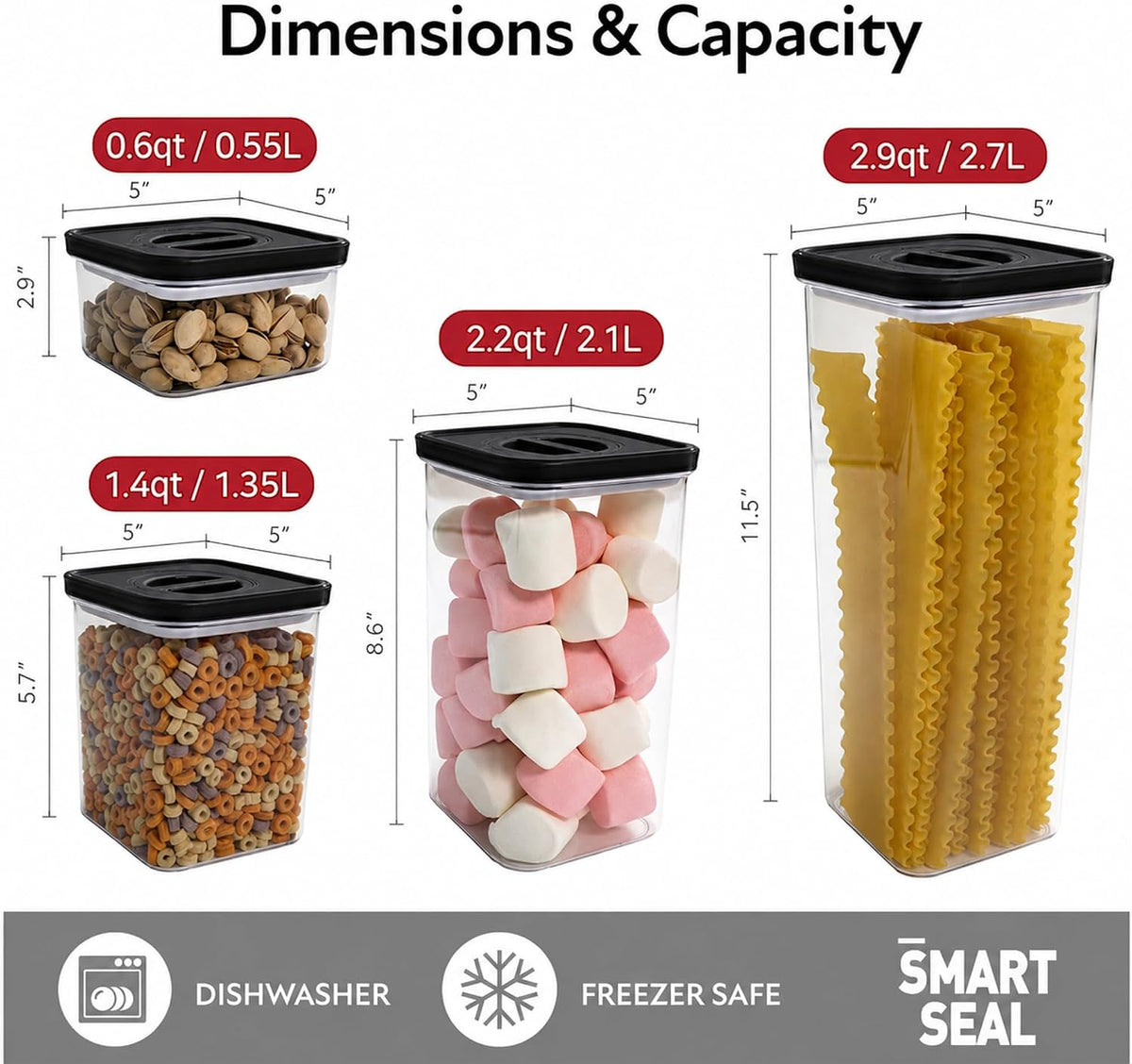 Smart Seal Airtight Food Storage Containers Set of 3, 1.35L Pantry Containers for Cereal, Flour, Rice & Dry Food, Stackable BPA-Free Clear Canisters with Twist Lock Lids, Black, 46 oz