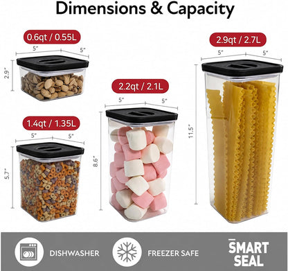 Smart Seal Airtight Food Storage Containers Set of 3, 1.35L Pantry Containers for Cereal, Flour, Rice & Dry Food, Stackable BPA-Free Clear Canisters with Twist Lock Lids, Black, 46 oz
