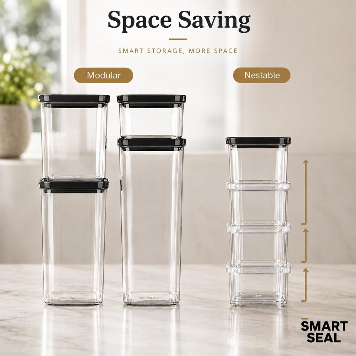 Smart Seal Airtight Food Storage Containers Set of 3, 1.35L Pantry Containers for Cereal, Flour, Rice & Dry Food, Stackable BPA-Free Clear Canisters with Twist Lock Lids, Black, 46 oz