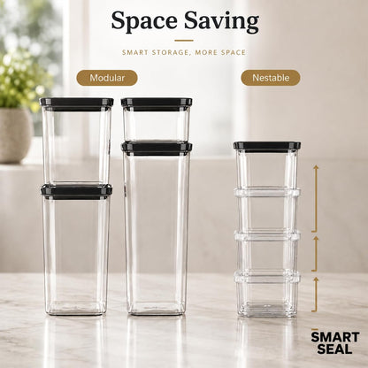Smart Seal Airtight Food Storage Containers Set of 3, 1.35L Pantry Containers for Cereal, Flour, Rice & Dry Food, Stackable BPA-Free Clear Canisters with Twist Lock Lids, Black, 46 oz