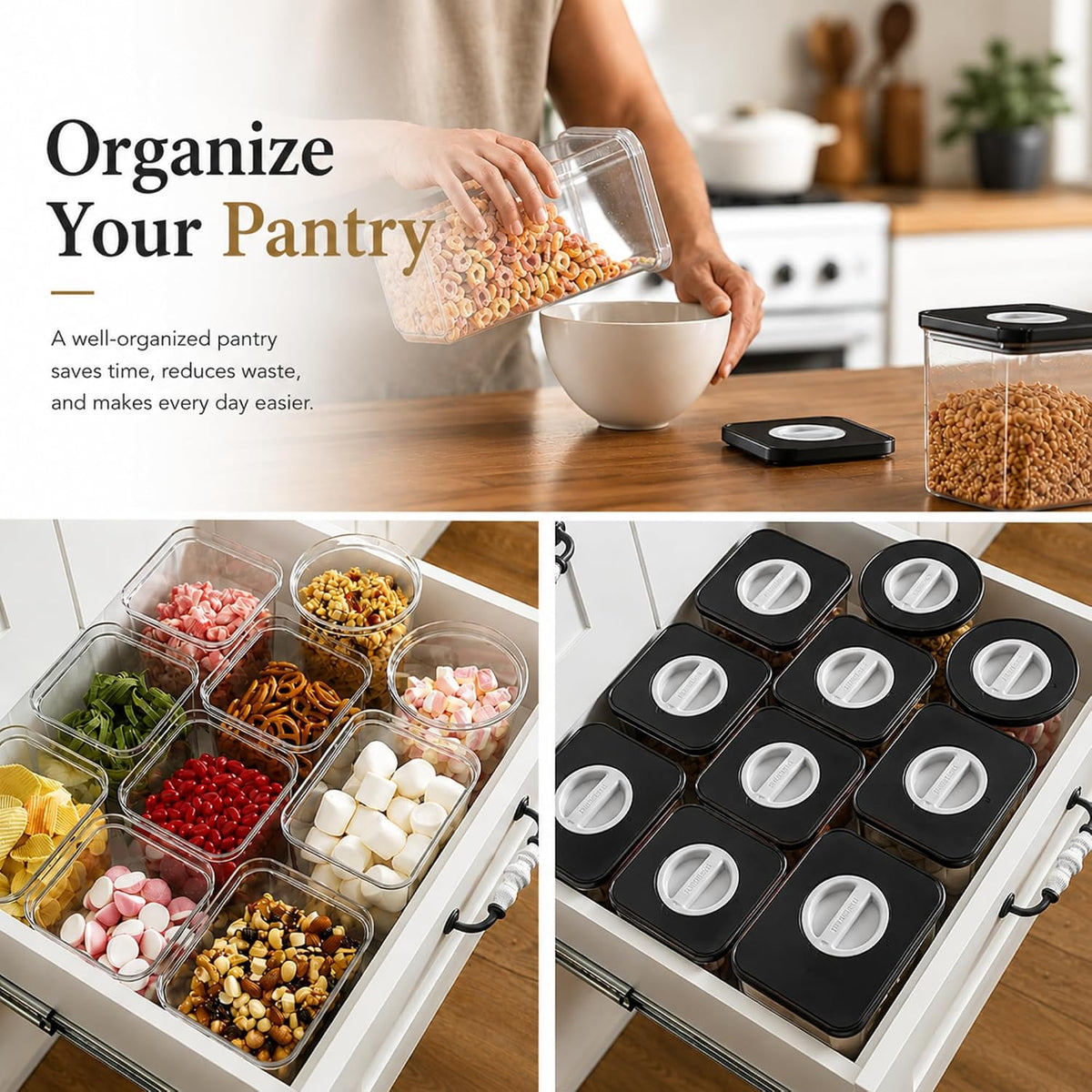 Smart Seal Airtight Food Storage Containers Set of 3, 1.35L Pantry Containers for Cereal, Flour, Rice & Dry Food, Stackable BPA-Free Clear Canisters with Twist Lock Lids, Black, 46 oz