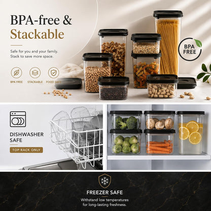 Smart Seal Airtight Food Storage Containers Set of 3, 1.35L Pantry Containers for Cereal, Flour, Rice & Dry Food, Stackable BPA-Free Clear Canisters with Twist Lock Lids, Black, 46 oz