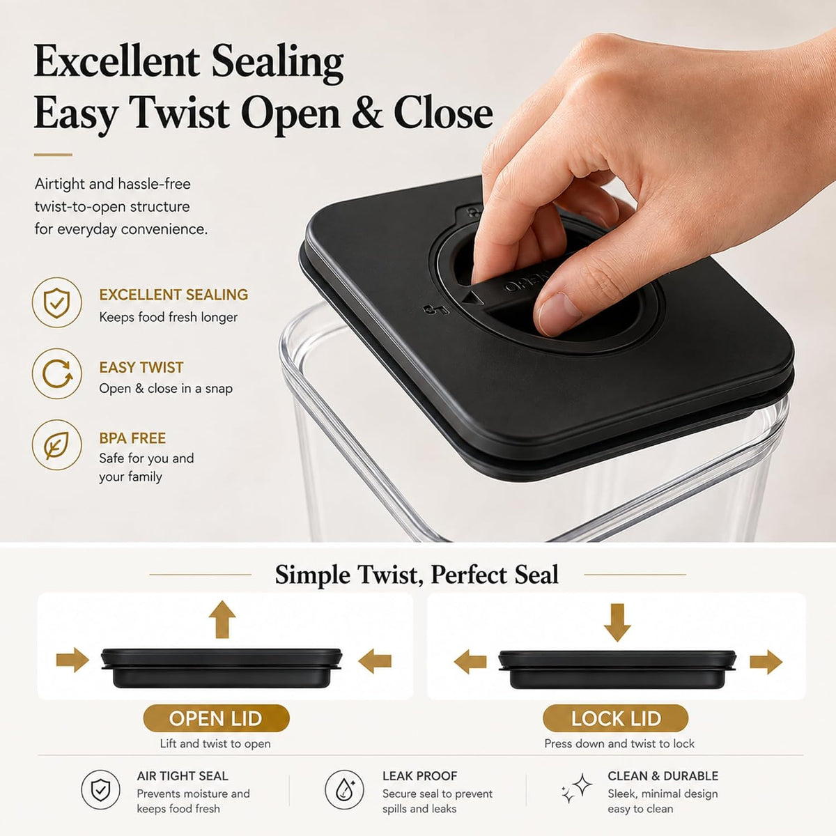 Smart Seal Airtight Food Storage Containers Set of 3, 1.35L Pantry Containers for Cereal, Flour, Rice & Dry Food, Stackable BPA-Free Clear Canisters with Twist Lock Lids, Black, 46 oz