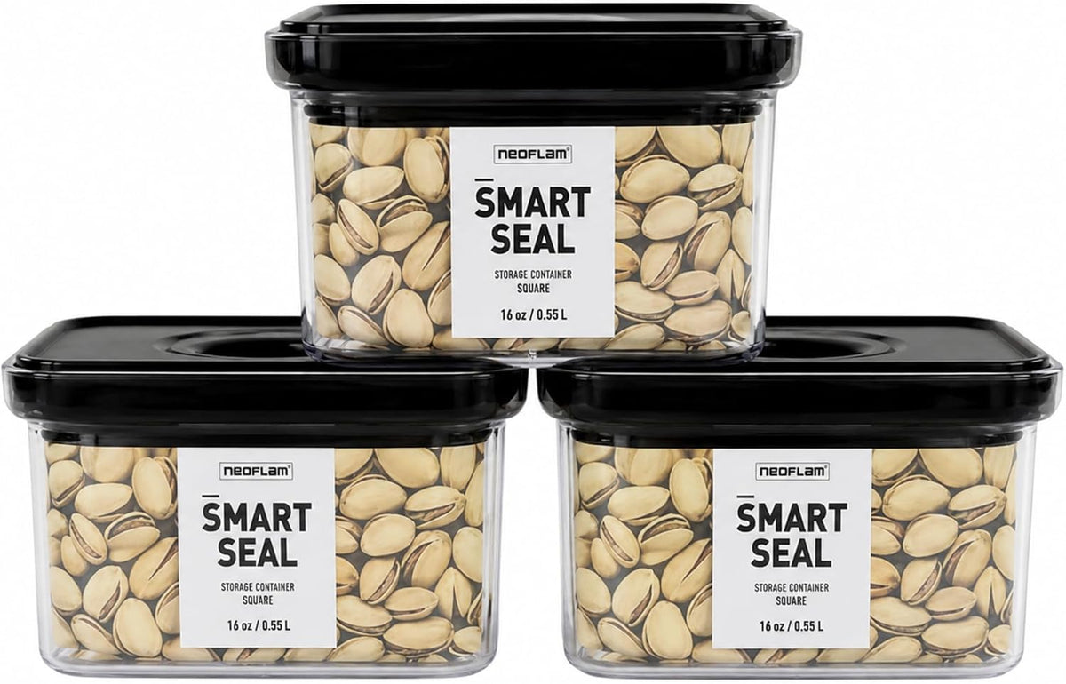 Smart Seal Airtight Food Storage Containers Set of 3, 1.35L Pantry Containers for Cereal, Flour, Rice & Dry Food, Stackable BPA-Free Clear Canisters with Twist Lock Lids, Black, 46 oz