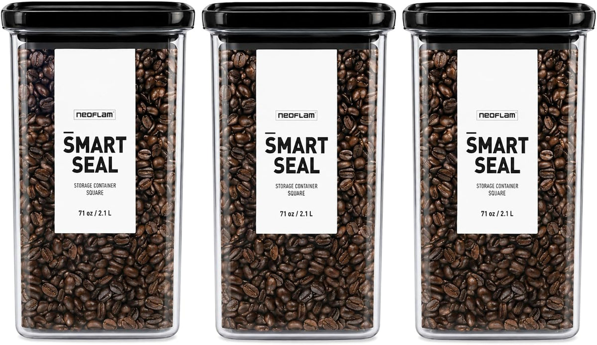 Smart Seal Airtight Food Storage Containers Set of 3, 1.35L Pantry Containers for Cereal, Flour, Rice & Dry Food, Stackable BPA-Free Clear Canisters with Twist Lock Lids, Black, 46 oz