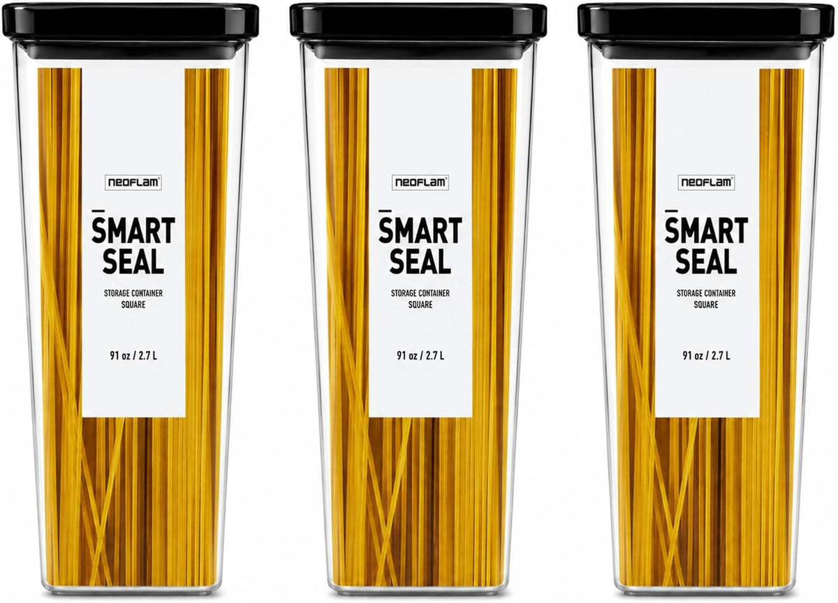 Smart Seal Airtight Food Storage Containers Set of 3, 1.35L Pantry Containers for Cereal, Flour, Rice & Dry Food, Stackable BPA-Free Clear Canisters with Twist Lock Lids, Black, 46 oz
