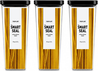 Smart Seal Airtight Food Storage Containers Set of 3, 1.35L Pantry Containers for Cereal, Flour, Rice & Dry Food, Stackable BPA-Free Clear Canisters with Twist Lock Lids, Black, 46 oz