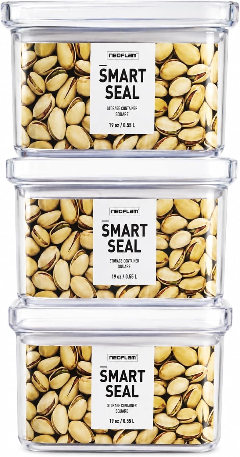Smart Seal Airtight Food Storage Containers Set of 3, 1.35L Pantry Containers for Cereal, Flour, Rice & Dry Food, Stackable BPA-Free Clear Canisters with Twist Lock Lids, Black, 46 oz