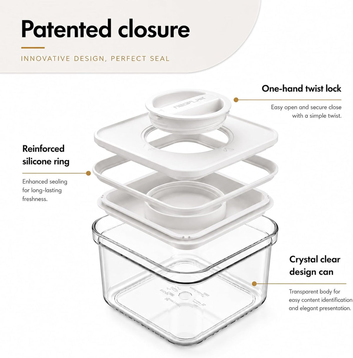 Smart Seal Airtight Food Storage Containers Set of 3, 1.35L Pantry Containers for Cereal, Flour, Rice & Dry Food, Stackable BPA-Free Clear Canisters with Twist Lock Lids, Black, 46 oz