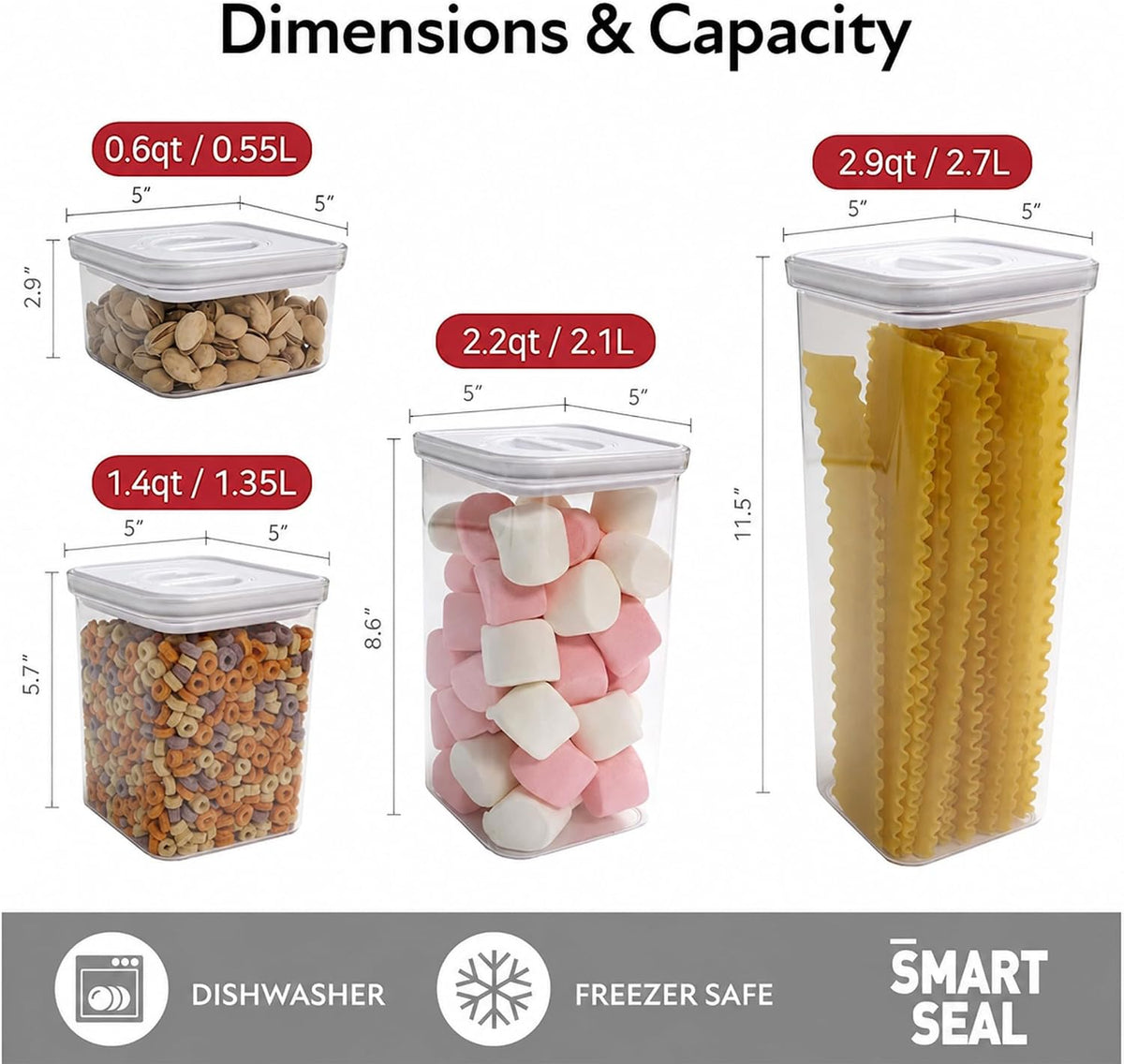 Smart Seal Airtight Food Storage Containers Set of 3, 1.35L Pantry Containers for Cereal, Flour, Rice & Dry Food, Stackable BPA-Free Clear Canisters with Twist Lock Lids, Black, 46 oz