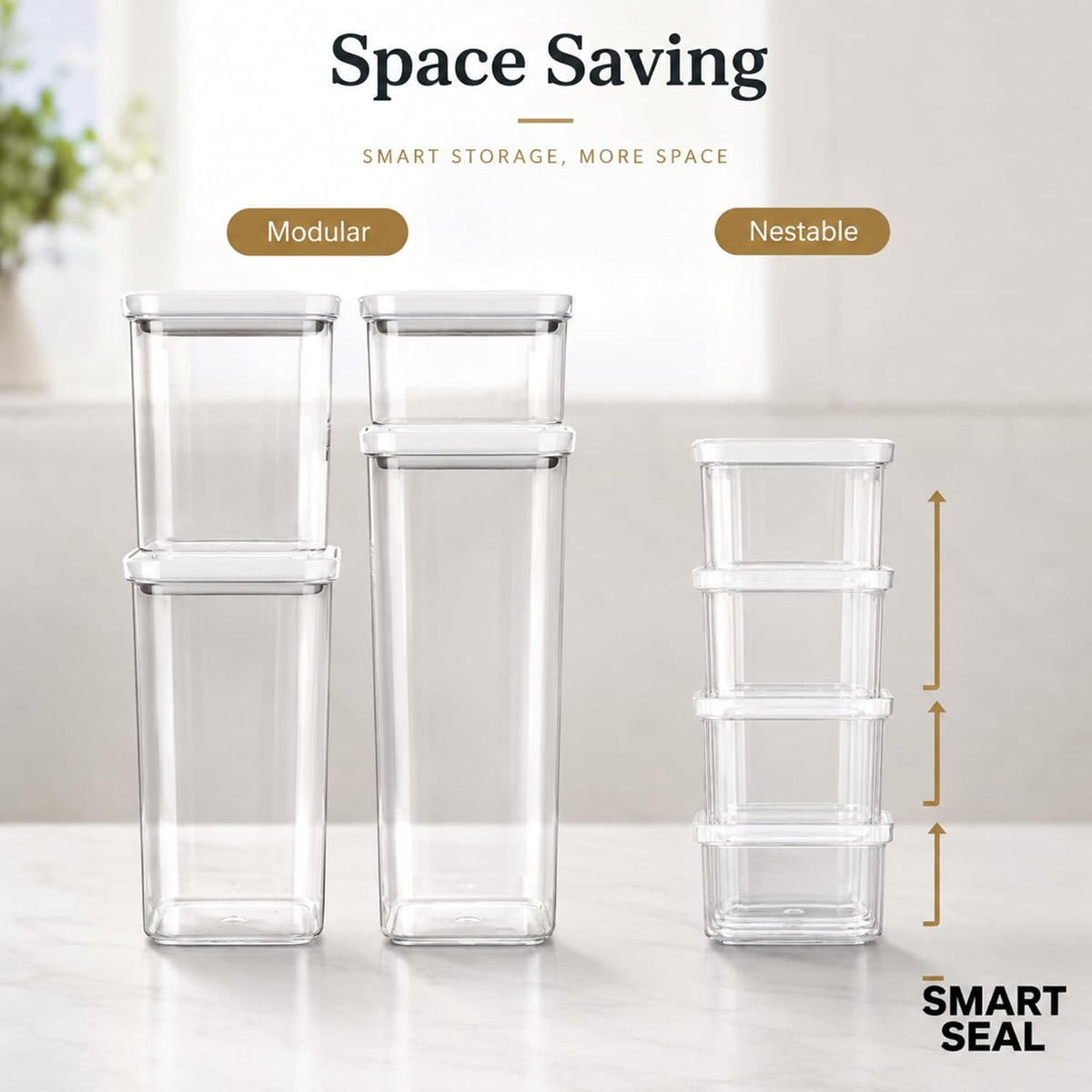 Smart Seal Airtight Food Storage Containers Set of 3, 1.35L Pantry Containers for Cereal, Flour, Rice & Dry Food, Stackable BPA-Free Clear Canisters with Twist Lock Lids, Black, 46 oz