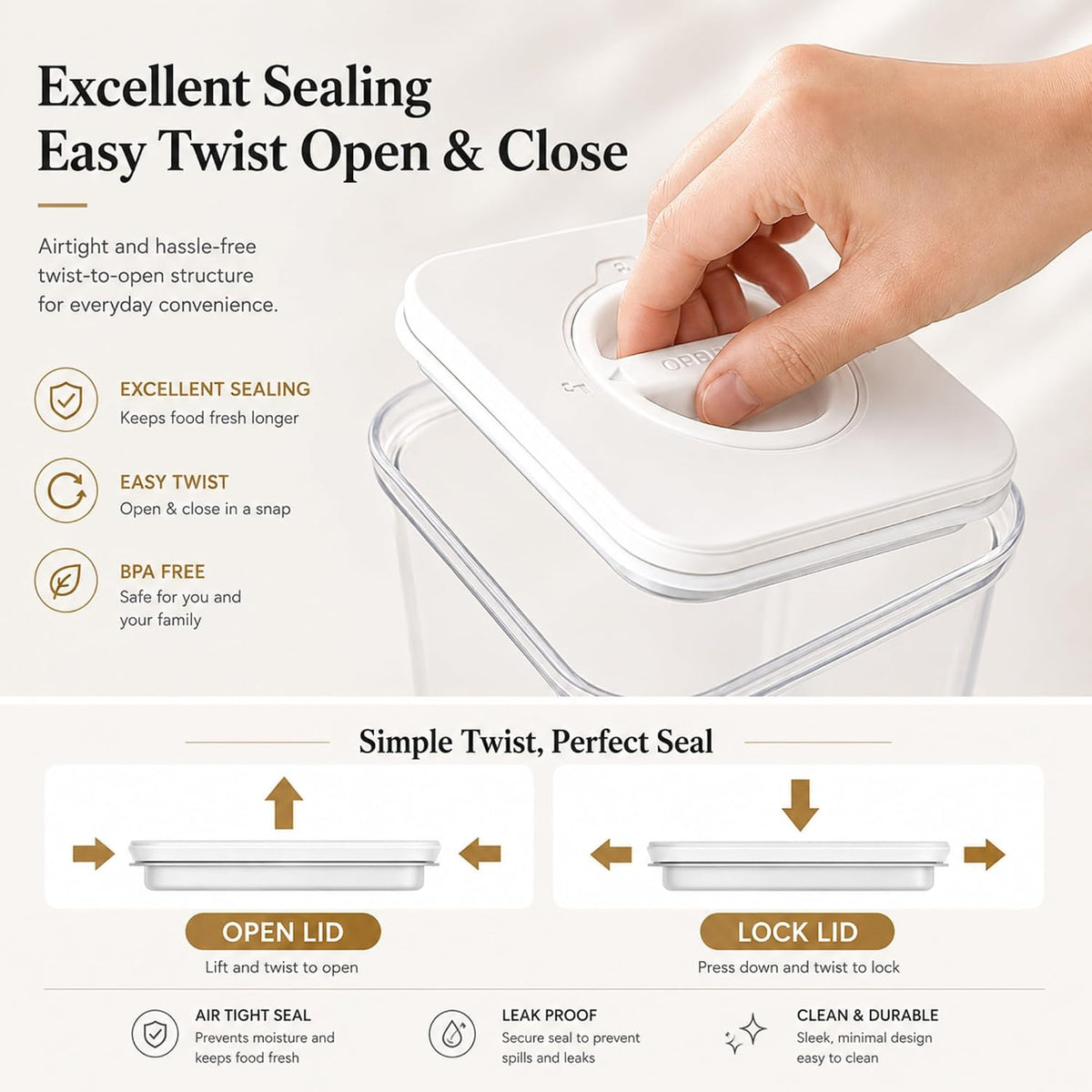 Smart Seal Airtight Food Storage Containers Set of 3, 1.35L Pantry Containers for Cereal, Flour, Rice & Dry Food, Stackable BPA-Free Clear Canisters with Twist Lock Lids, Black, 46 oz