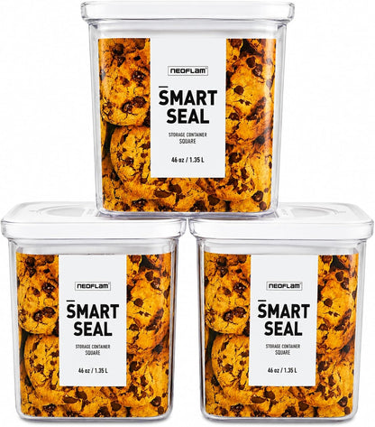 Smart Seal Airtight Food Storage Containers Set of 3, 1.35L Pantry Containers for Cereal, Flour, Rice & Dry Food, Stackable BPA-Free Clear Canisters with Twist Lock Lids, Black, 46 oz