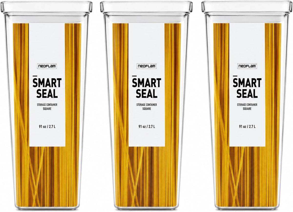 Smart Seal Airtight Food Storage Containers Set of 3, 1.35L Pantry Containers for Cereal, Flour, Rice & Dry Food, Stackable BPA-Free Clear Canisters with Twist Lock Lids, Black, 46 oz