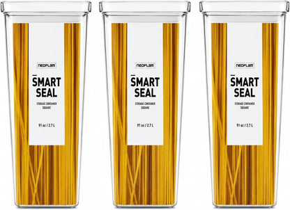 Smart Seal Airtight Food Storage Containers Set of 3, 1.35L Pantry Containers for Cereal, Flour, Rice & Dry Food, Stackable BPA-Free Clear Canisters with Twist Lock Lids, Black, 46 oz