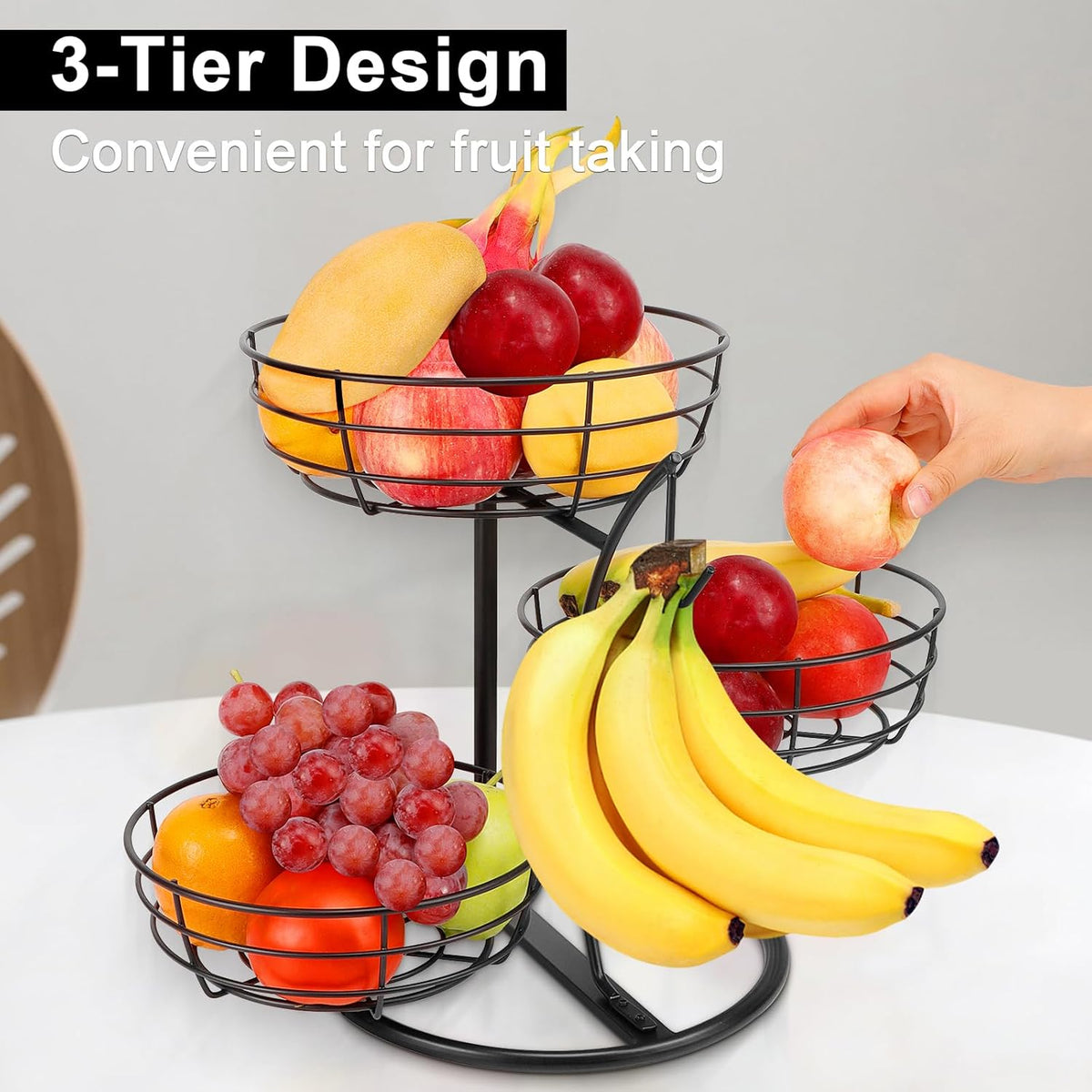 Fruit Basket Bowl with Banana Hanger, Fruit Vegetable Storage Basket with Banana Tree Holder for Kitchen Counter, Detachable Organizer for Bread Snack Produce (Black, 3-Tier Metal Base)